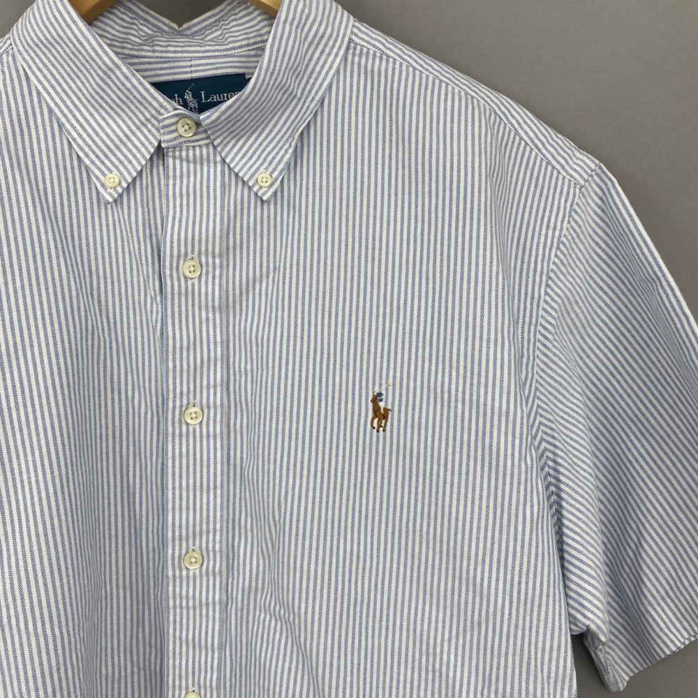 Ralph Lauren Striped Button Down Shirt Mens XL Classic Fit SS Blue Flesh Pony